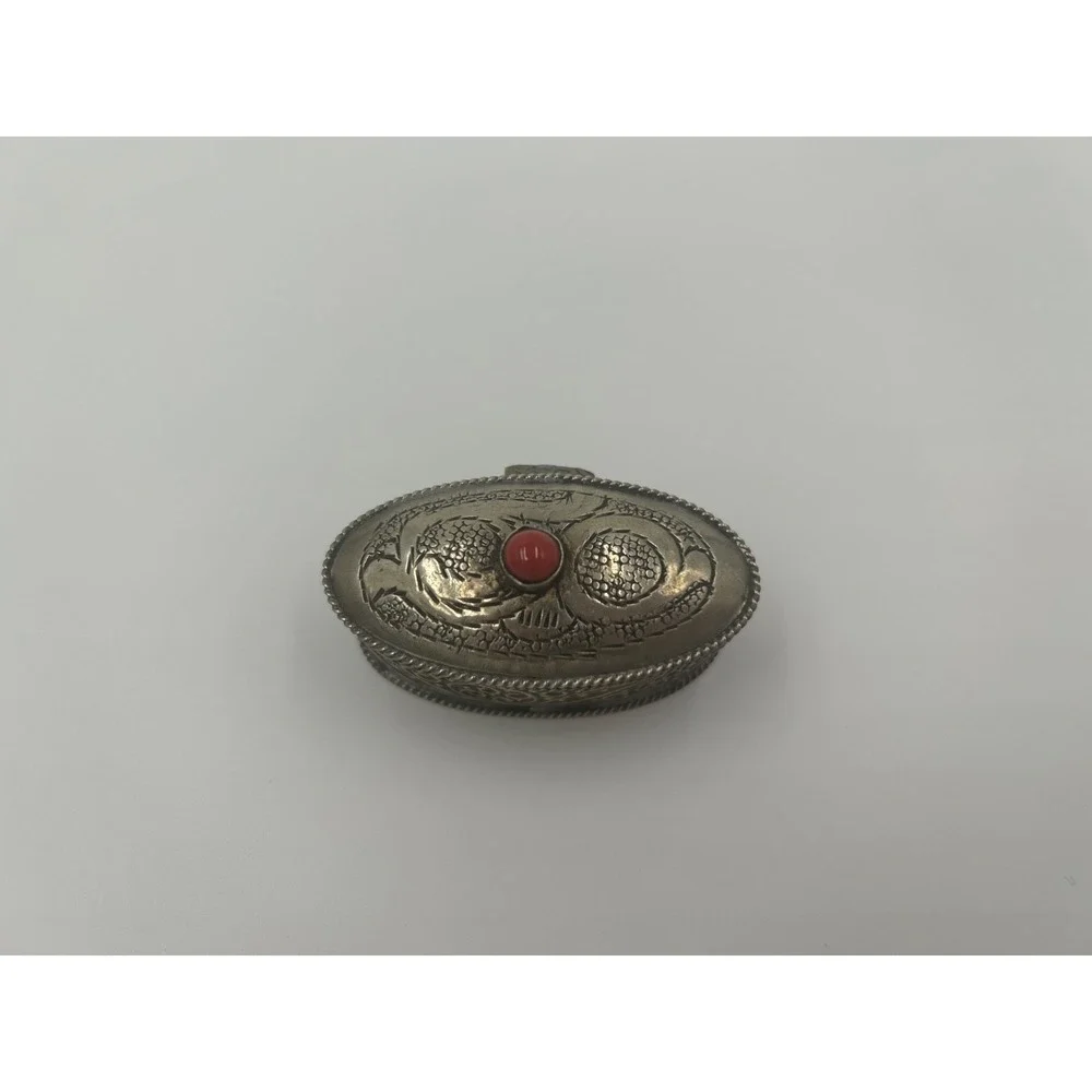 Vintage Berber Metal Pill Box Ornate Coral Genstome Snuff Box